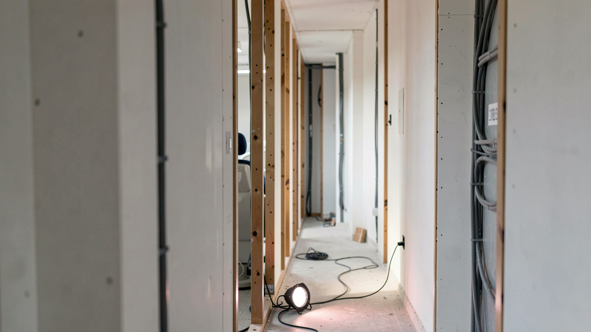 A half-built dental office seen from the corridor, framing and exposed services along one wall, a single work light on the floor, shot straight down the doorway at eye level.