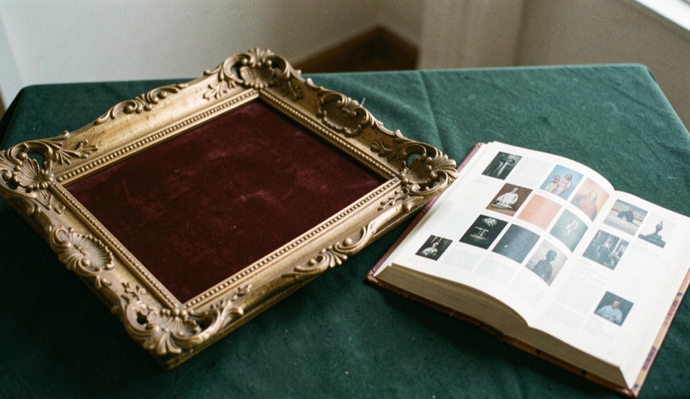 Ornate gilded frame around a blank velvet plinth with a book of museum catalogue plates open beside it on dark green cloth