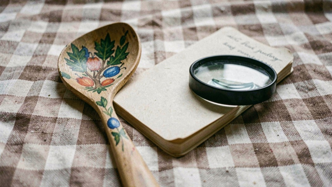 Genuine hand painted wooden spoon laid beside a printed imitation on a checker cloth with a loupe and a small notebook between them