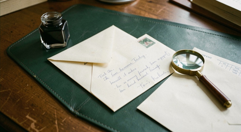 Envelopes and a folded letter on a green leather desk pad beside an inkwell and a small brass magnifying glass