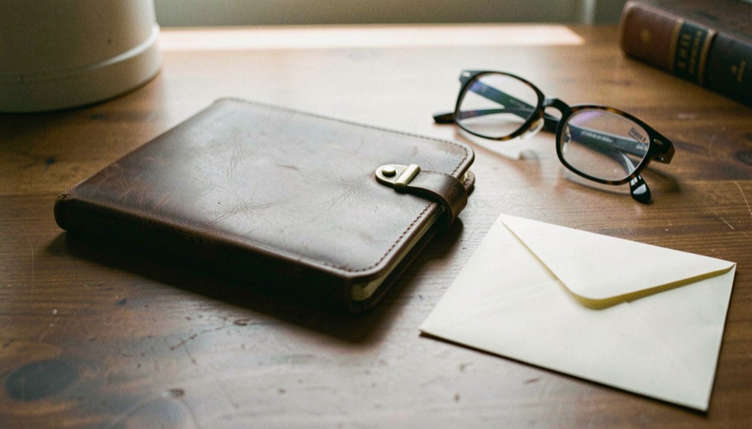 Closed law ledger with a brass clasp resting on a wooden desk beside a pair of reading glasses and a single sealed envelope