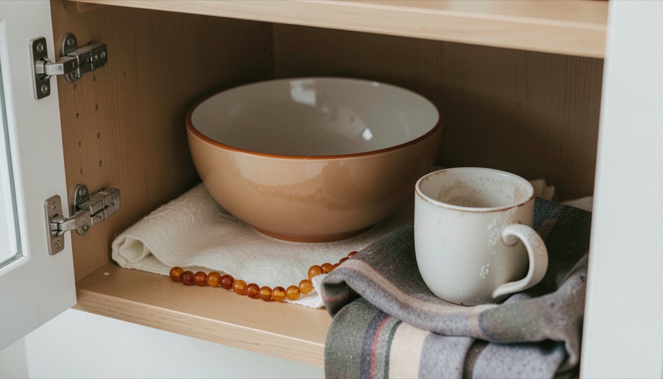 A glazed display cabinet against a cream wall, lit by a warm LED strip from above, with lacquered miniatures and turned wooden ware on waxed pine shelves, shot straight on at dusk.