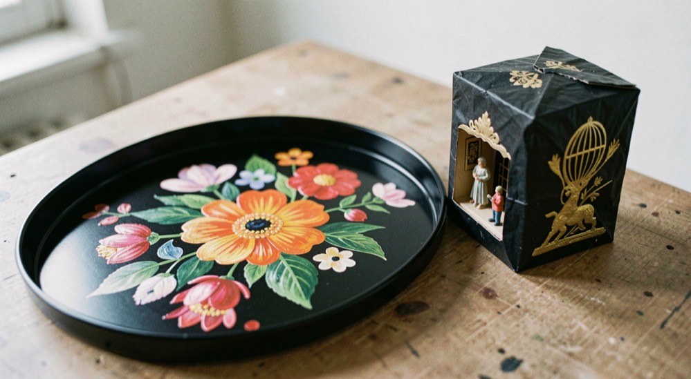Black lacquered metal tray with a bold painted floral bouquet beside a small black papier mache box showing a gold accented miniature scene